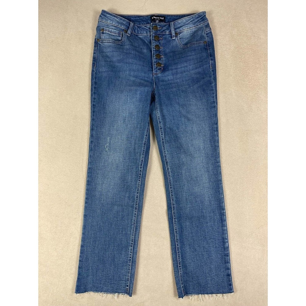 Kenneth Cole Womens 6 High‎ Rise Crop Jeans Straight Leg Raw Hem Button Fly Blue